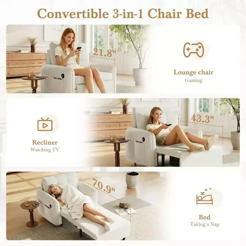 GDFStudio Baird Divano-Letto Convertibile Moderno in Ciniglia a 3 Funzioni con Letto Singolo Estraibile, Porte di Ricarica USB e Tasche Portaoggetti, 80"