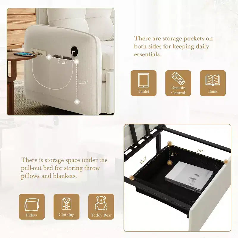 GDFStudio Baird Divano-Letto Convertibile Moderno in Ciniglia a 3 Funzioni con Letto Singolo Estraibile, Porte di Ricarica USB e Tasche Portaoggetti, 80"