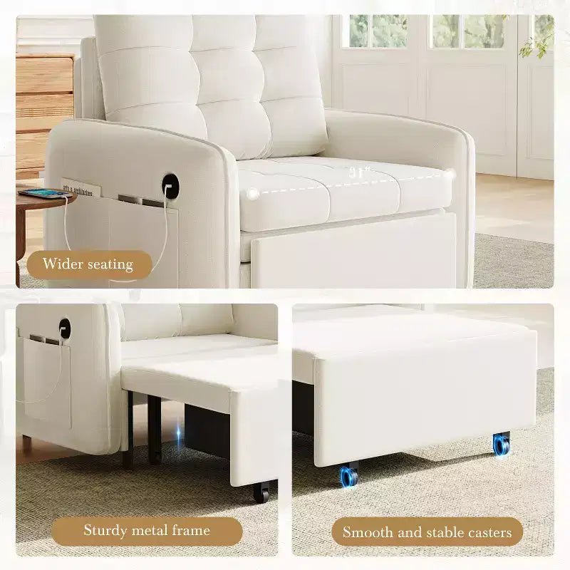GDFStudio Baird Divano-Letto Convertibile Moderno in Ciniglia a 3 Funzioni con Letto Singolo Estraibile, Porte di Ricarica USB e Tasche Portaoggetti, 80"