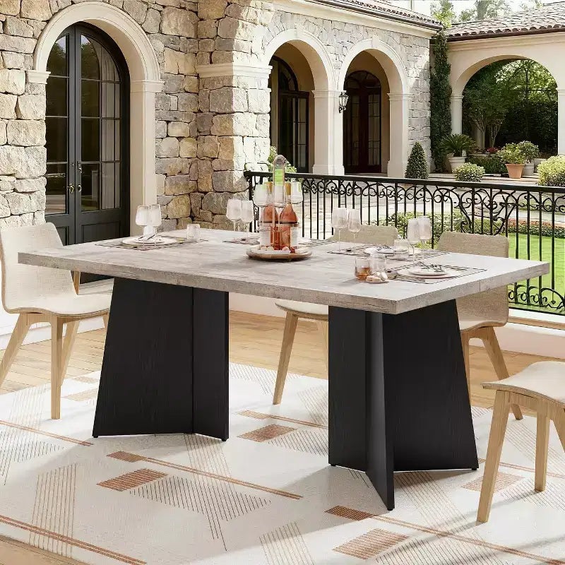 Acekool 63 Tavolo da pranzo moderno stile fattoria per 6-8 persone con gambe in metallo nero, per cucina, sala da pranzo e ufficio