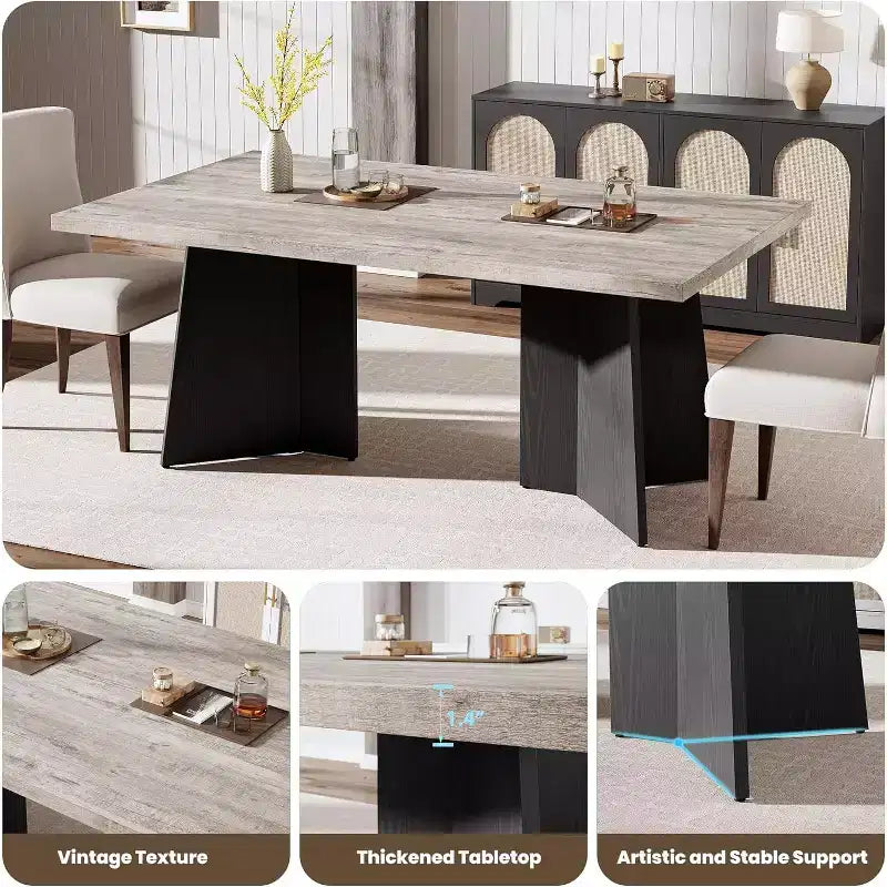 Acekool 63 Tavolo da pranzo moderno stile fattoria per 6-8 persone con gambe in metallo nero, per cucina, sala da pranzo e ufficio