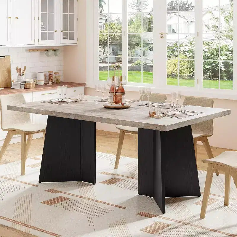 Acekool 63 Tavolo da pranzo moderno stile fattoria per 6-8 persone con gambe in metallo nero, per cucina, sala da pranzo e ufficio