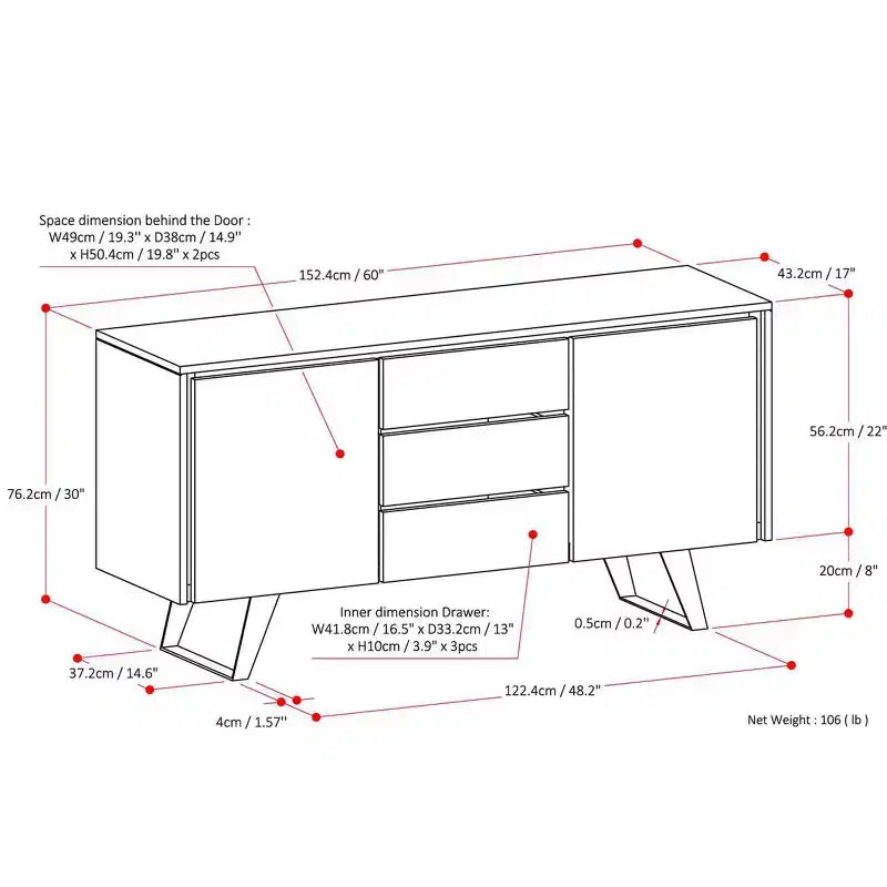 Credenza/buffet Mitchell moderna industriale rettangolare da 60 x 17 pollici in impiallacciatura di rovere