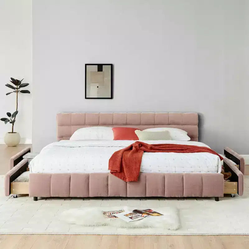 MAYEERTY Letto King Size Imbottito con Testiera Struttura Letto Robusta Cassetto per Camera da Letto Rosa