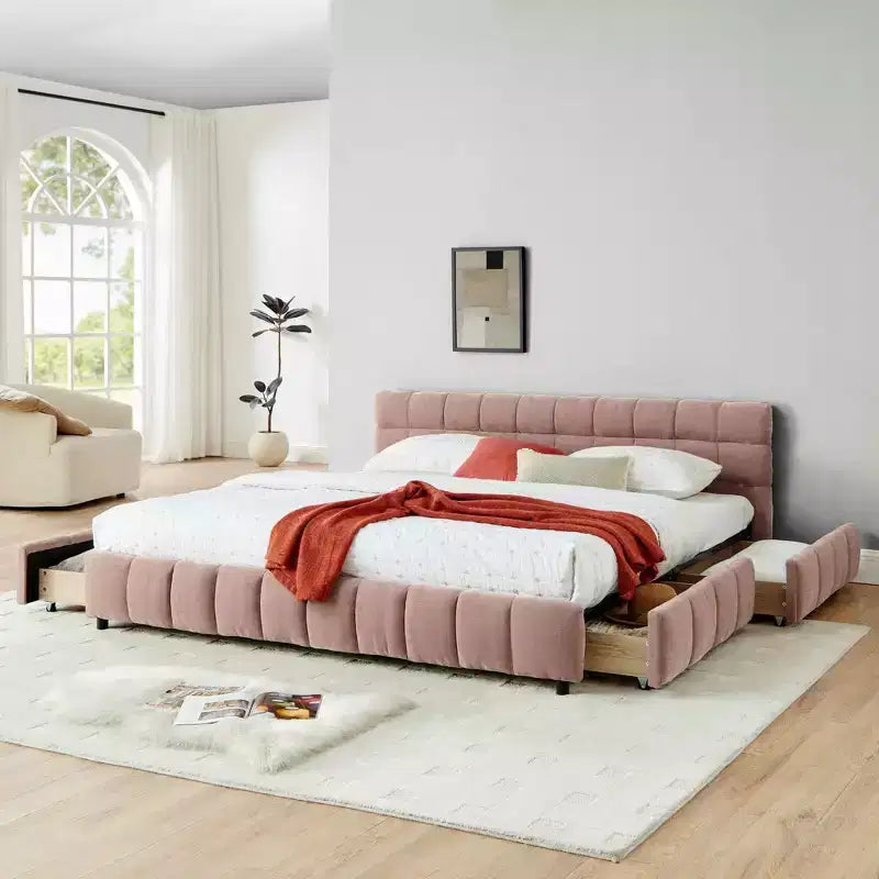 MAYEERTY Letto King Size Imbottito con Testiera Struttura Letto Robusta Cassetto per Camera da Letto Rosa