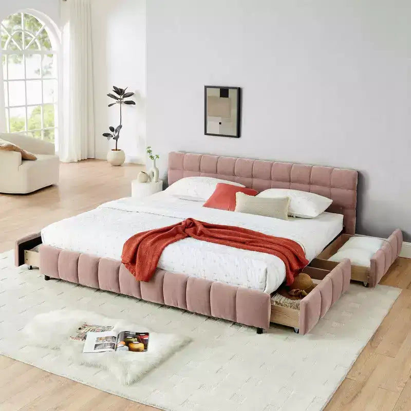 MAYEERTY Letto King Size Imbottito con Testiera Struttura Letto Robusta Cassetto per Camera da Letto Rosa