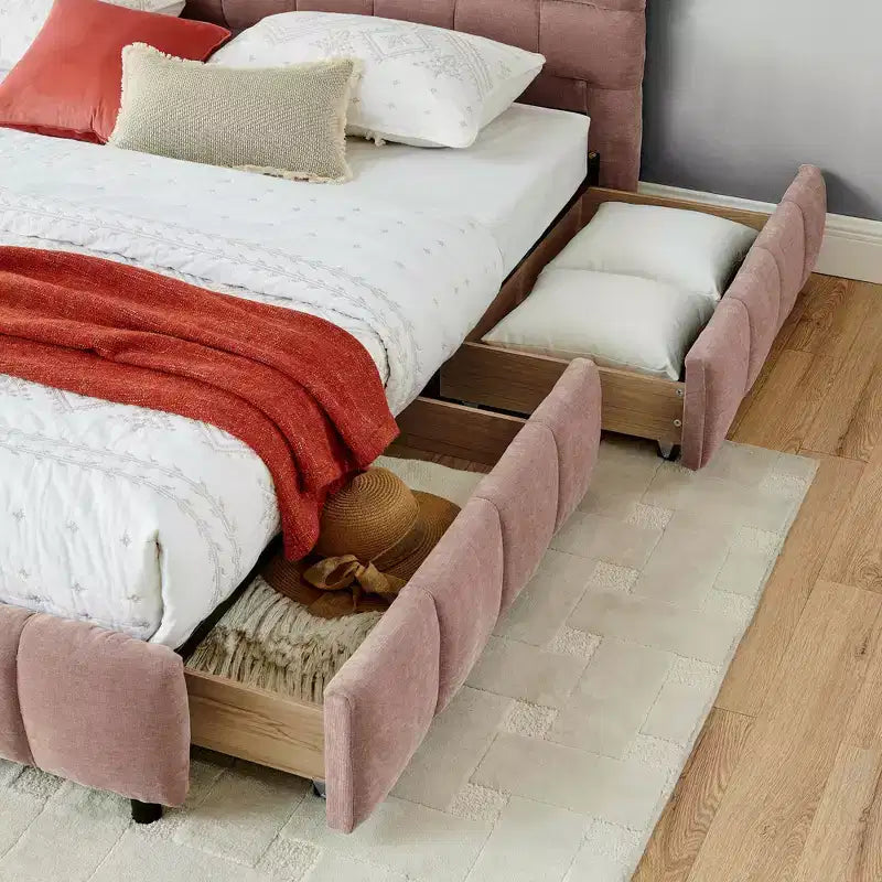 MAYEERTY Letto King Size Imbottito con Testiera Struttura Letto Robusta Cassetto per Camera da Letto Rosa