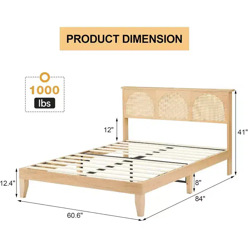 COZONY Telaio Letto Matrimoniale Boho con Testiera in Rattan e Luci LED, Letto a Piattaforma in Legno