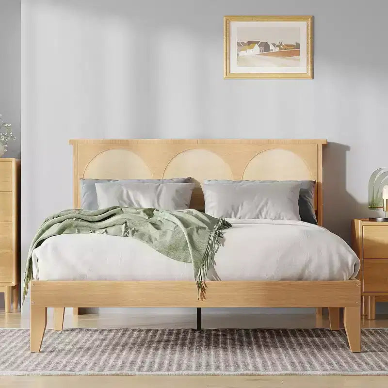 COZONY Telaio Letto Matrimoniale Boho con Testiera in Rattan e Luci LED, Letto a Piattaforma in Legno