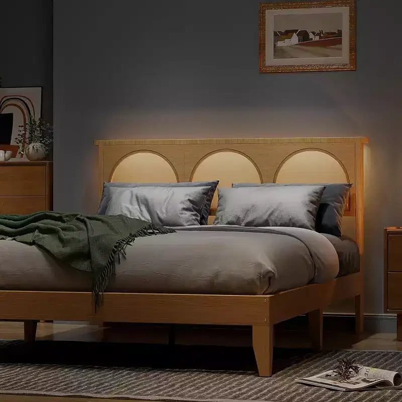 COZONY Telaio Letto Matrimoniale Boho con Testiera in Rattan e Luci LED, Letto a Piattaforma in Legno