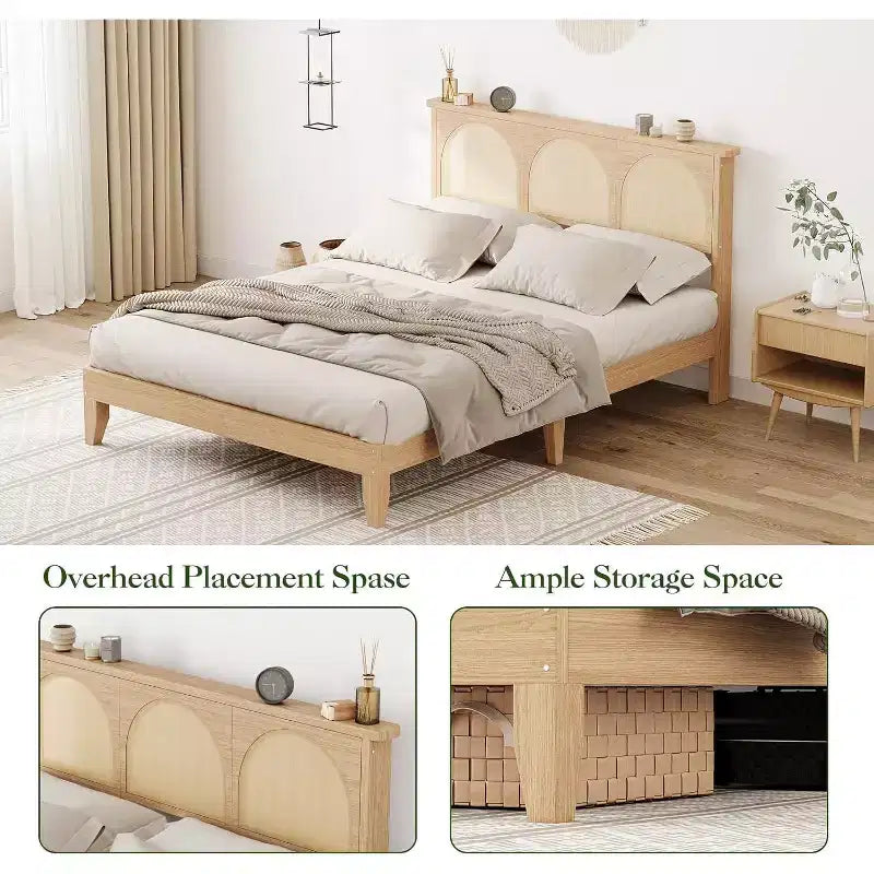 COZONY Telaio Letto Matrimoniale Boho con Testiera in Rattan e Luci LED, Letto a Piattaforma in Legno