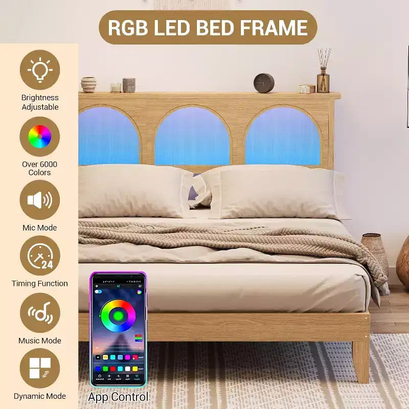 COZONY Telaio Letto Matrimoniale Boho con Testiera in Rattan e Luci LED, Letto a Piattaforma in Legno