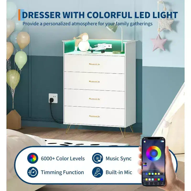 COZONY Cassettiera Intelligente a 4 Cassetti con LED RGB e Ricarica Wireless, Cassettiera Controllata da App per Camera da Letto e Soggiorno