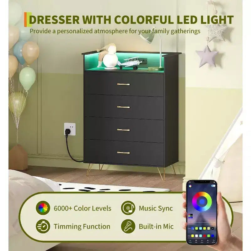 COZONY Cassettiera Intelligente a 4 Cassetti con LED RGB e Ricarica Wireless, Cassettiera Controllata da App per Camera da Letto e Soggiorno