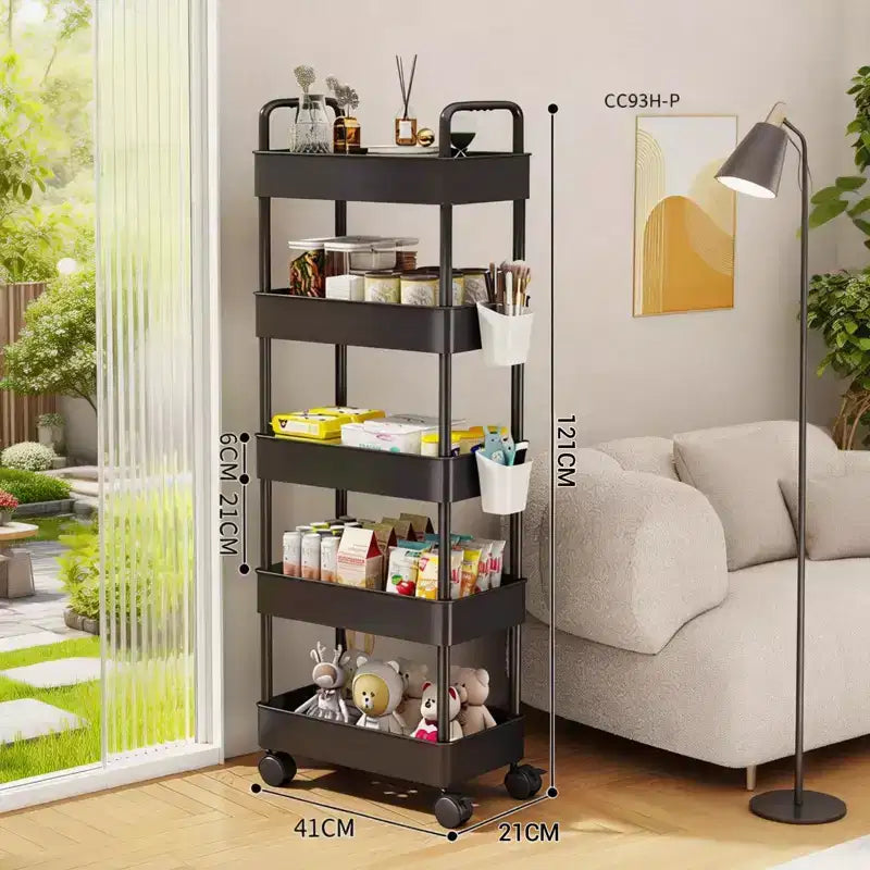 Carrello portaoggetti a 5 ripiani su ruote, carrello multiuso in plastica scorrevole con maniglia, scaffale mobile, unità di scaffalatura stretta