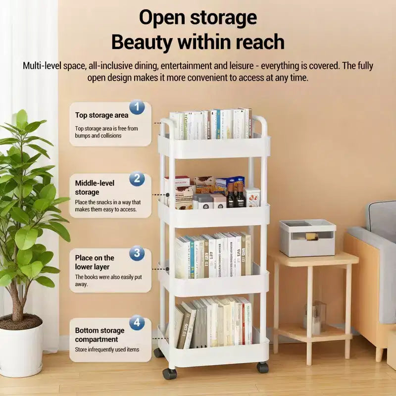 Carrello portaoggetti a 5 ripiani su ruote, carrello multiuso in plastica scorrevole con maniglia, scaffale mobile, unità di scaffalatura stretta