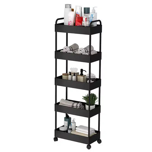5-Tier Storage Trolley on Wheels, Plastic Slide Out Rolling Utility Cart with Handle, Mobile Shelving Unit, Narrow Shelf Unit Storage Rack
