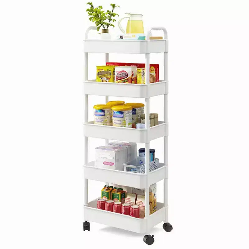 Carrello portaoggetti a 5 ripiani su ruote, carrello multiuso in plastica scorrevole con maniglia, scaffale mobile, unità di scaffalatura stretta