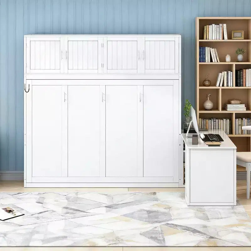 Letto a scomparsa moderno Luxystar queen size con meccanismo idraulico, scrivania e 2 armadietti