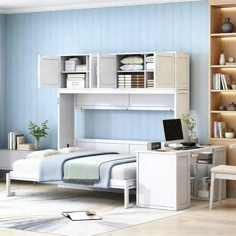 Letto a scomparsa moderno Luxystar queen size con meccanismo idraulico, scrivania e 2 armadietti