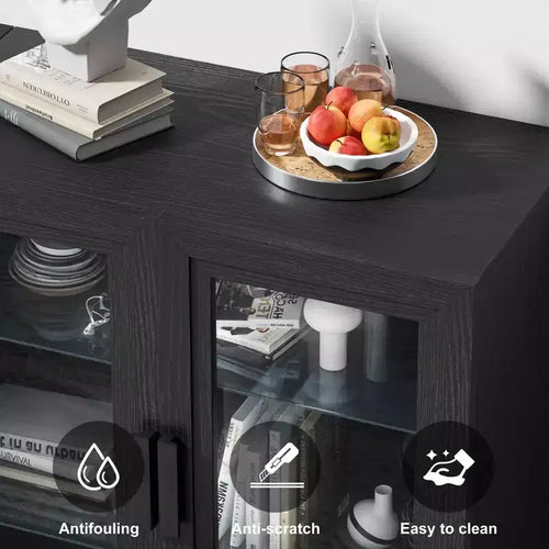 Mobile Bagno Alto 62 cm Nero con Combinazione di Ripiani Regolabili e 2 Ante in Vetro, Ripostiglio Aperto per Bagno Lavanderia