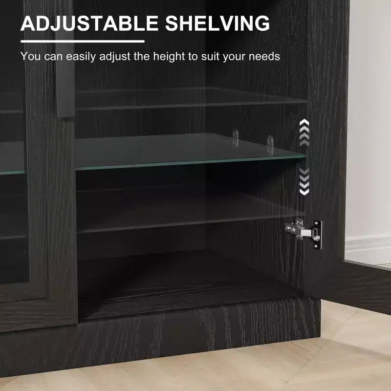 Mobile Bagno Alto 62 cm Nero con Combinazione di Ripiani Regolabili e 2 Ante in Vetro, Ripostiglio Aperto per Bagno Lavanderia