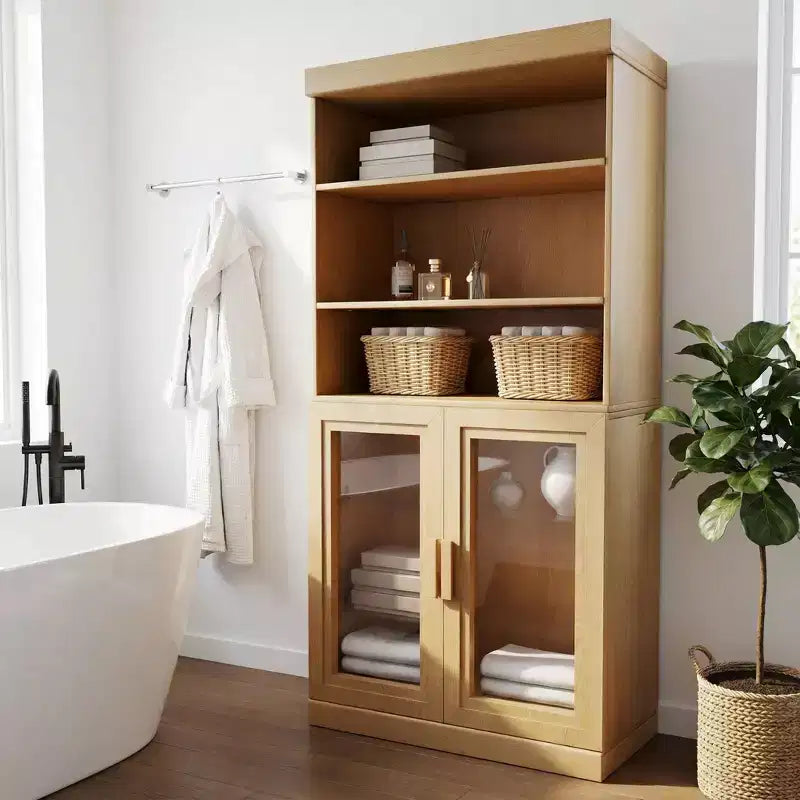 Mobile Bagno Alto 62 cm Nero con Combinazione di Ripiani Regolabili e 2 Ante in Vetro, Ripostiglio Aperto per Bagno Lavanderia