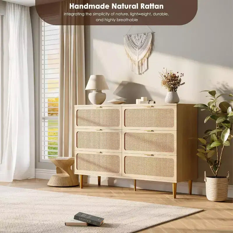 Cassettiera in Rattan a 6 Cassetti, Armadio Moderno Alto con Spazio Contenitivo Profondo, Comò Grande con Piano Ampio, Cassettiera in Legno per Camera da Letto, Soggiorno, Ingresso