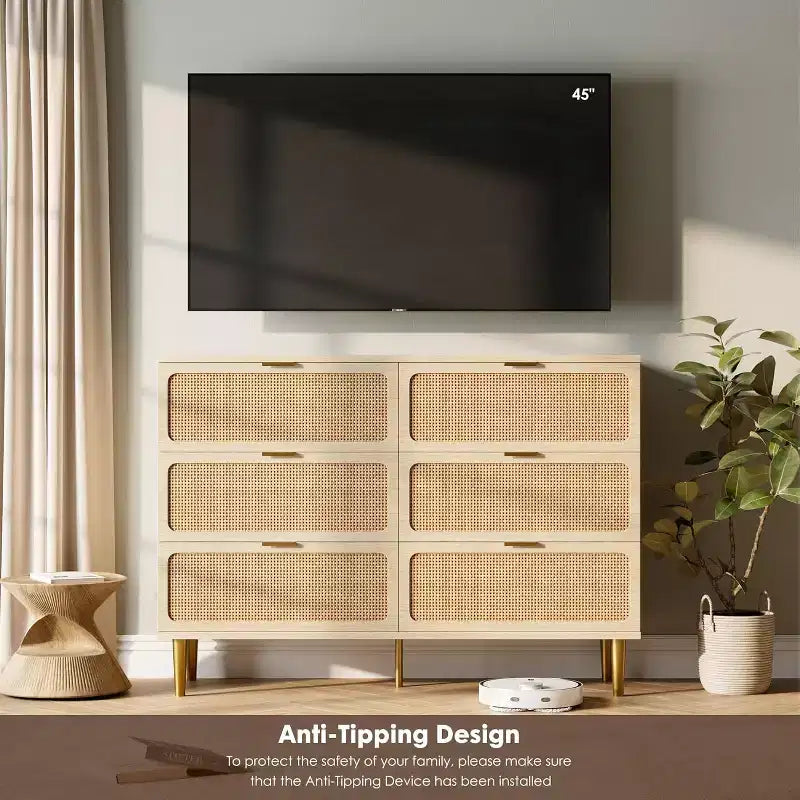 Cassettiera in Rattan a 6 Cassetti, Armadio Moderno Alto con Spazio Contenitivo Profondo, Comò Grande con Piano Ampio, Cassettiera in Legno per Camera da Letto, Soggiorno, Ingresso