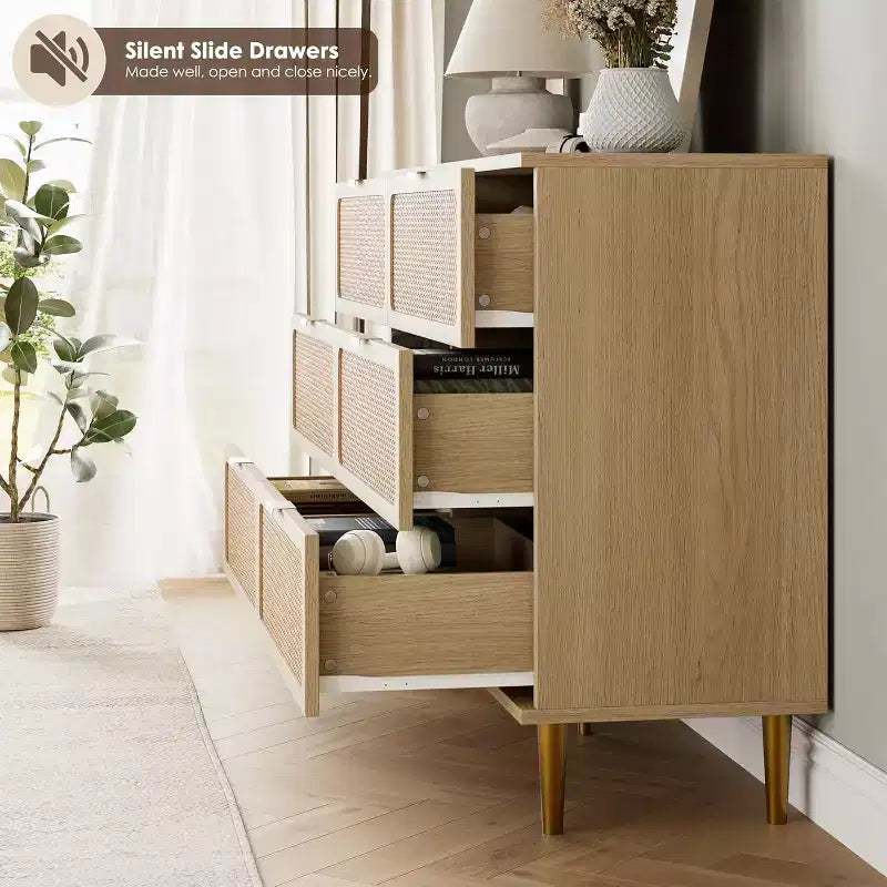 Cassettiera in Rattan a 6 Cassetti, Armadio Moderno Alto con Spazio Contenitivo Profondo, Comò Grande con Piano Ampio, Cassettiera in Legno per Camera da Letto, Soggiorno, Ingresso