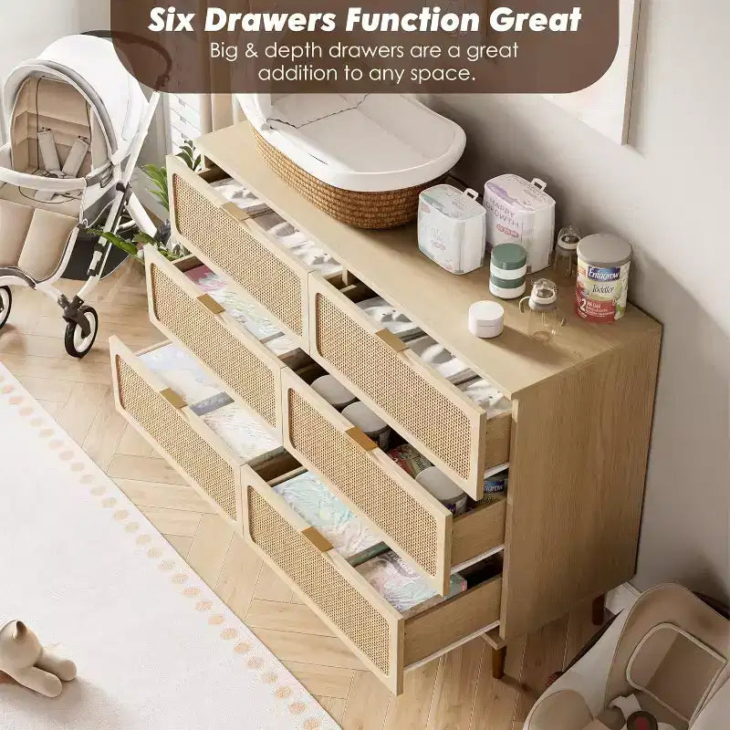 Cassettiera in Rattan a 6 Cassetti, Armadio Moderno Alto con Spazio Contenitivo Profondo, Comò Grande con Piano Ampio, Cassettiera in Legno per Camera da Letto, Soggiorno, Ingresso