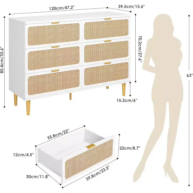 Cassettiera in Rattan a 6 Cassetti, Armadio Moderno Alto con Spazio Contenitivo Profondo, Comò Grande con Piano Ampio, Cassettiera in Legno per Camera da Letto, Soggiorno, Ingresso