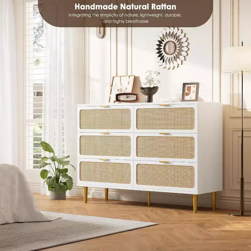 Cassettiera in Rattan a 6 Cassetti, Armadio Moderno Alto con Spazio Contenitivo Profondo, Comò Grande con Piano Ampio, Cassettiera in Legno per Camera da Letto, Soggiorno, Ingresso