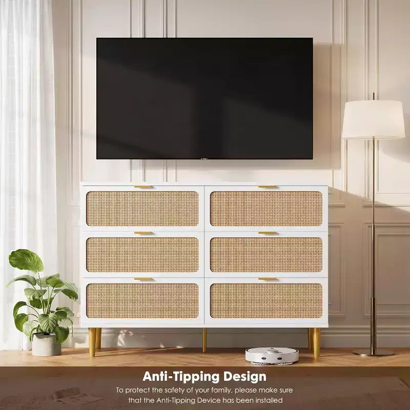 Cassettiera in Rattan a 6 Cassetti, Armadio Moderno Alto con Spazio Contenitivo Profondo, Comò Grande con Piano Ampio, Cassettiera in Legno per Camera da Letto, Soggiorno, Ingresso