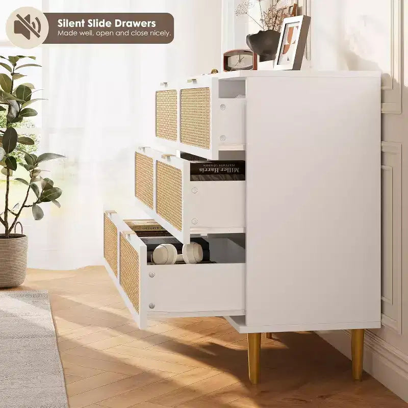 Cassettiera in Rattan a 6 Cassetti, Armadio Moderno Alto con Spazio Contenitivo Profondo, Comò Grande con Piano Ampio, Cassettiera in Legno per Camera da Letto, Soggiorno, Ingresso