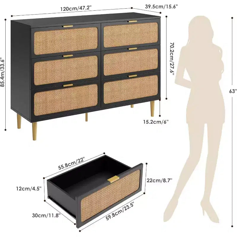 Cassettiera in Rattan a 6 Cassetti, Armadio Moderno Alto con Spazio Contenitivo Profondo, Comò Grande con Piano Ampio, Cassettiera in Legno per Camera da Letto, Soggiorno, Ingresso