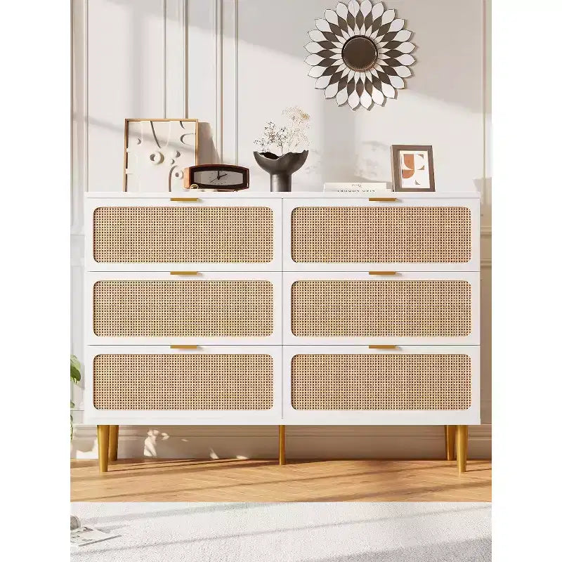 Cassettiera in Rattan a 6 Cassetti, Armadio Moderno Alto con Spazio Contenitivo Profondo, Comò Grande con Piano Ampio, Cassettiera in Legno per Camera da Letto, Soggiorno, Ingresso