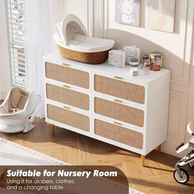 Cassettiera in Rattan a 6 Cassetti, Armadio Moderno Alto con Spazio Contenitivo Profondo, Comò Grande con Piano Ampio, Cassettiera in Legno per Camera da Letto, Soggiorno, Ingresso