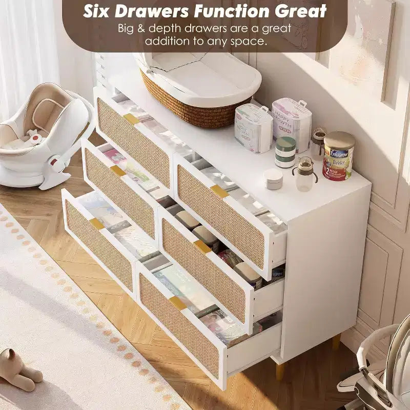 Cassettiera in Rattan a 6 Cassetti, Armadio Moderno Alto con Spazio Contenitivo Profondo, Comò Grande con Piano Ampio, Cassettiera in Legno per Camera da Letto, Soggiorno, Ingresso