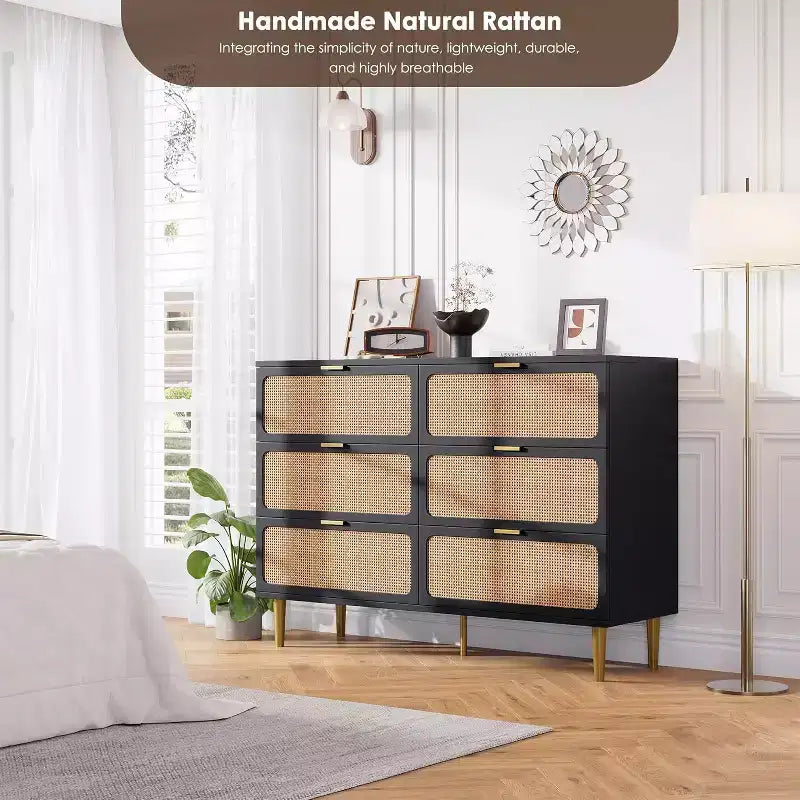 Cassettiera in Rattan a 6 Cassetti, Armadio Moderno Alto con Spazio Contenitivo Profondo, Comò Grande con Piano Ampio, Cassettiera in Legno per Camera da Letto, Soggiorno, Ingresso