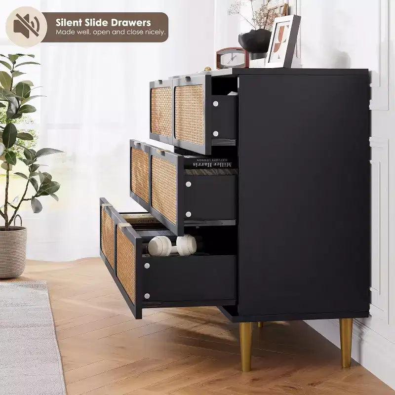 Cassettiera in Rattan a 6 Cassetti, Armadio Moderno Alto con Spazio Contenitivo Profondo, Comò Grande con Piano Ampio, Cassettiera in Legno per Camera da Letto, Soggiorno, Ingresso