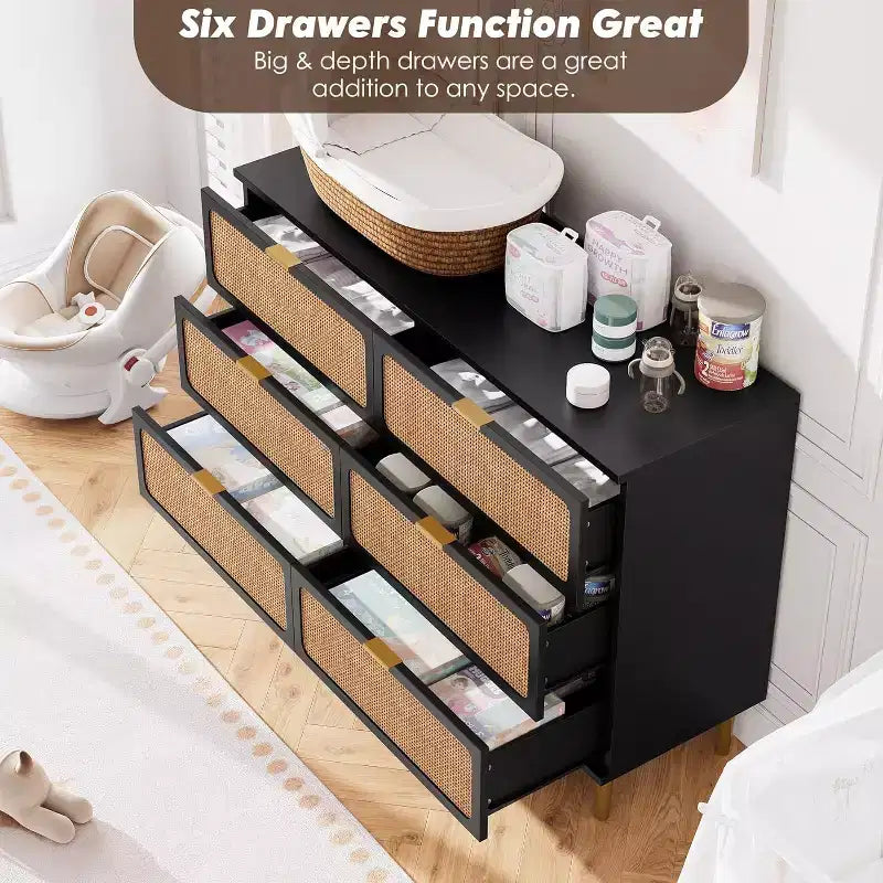 Cassettiera in Rattan a 6 Cassetti, Armadio Moderno Alto con Spazio Contenitivo Profondo, Comò Grande con Piano Ampio, Cassettiera in Legno per Camera da Letto, Soggiorno, Ingresso