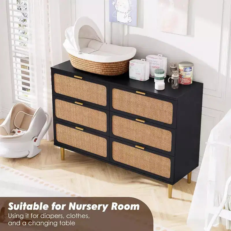 Cassettiera in Rattan a 6 Cassetti, Armadio Moderno Alto con Spazio Contenitivo Profondo, Comò Grande con Piano Ampio, Cassettiera in Legno per Camera da Letto, Soggiorno, Ingresso