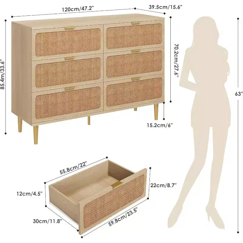 Cassettiera in Rattan a 6 Cassetti, Armadio Moderno Alto con Spazio Contenitivo Profondo, Comò Grande con Piano Ampio, Cassettiera in Legno per Camera da Letto, Soggiorno, Ingresso