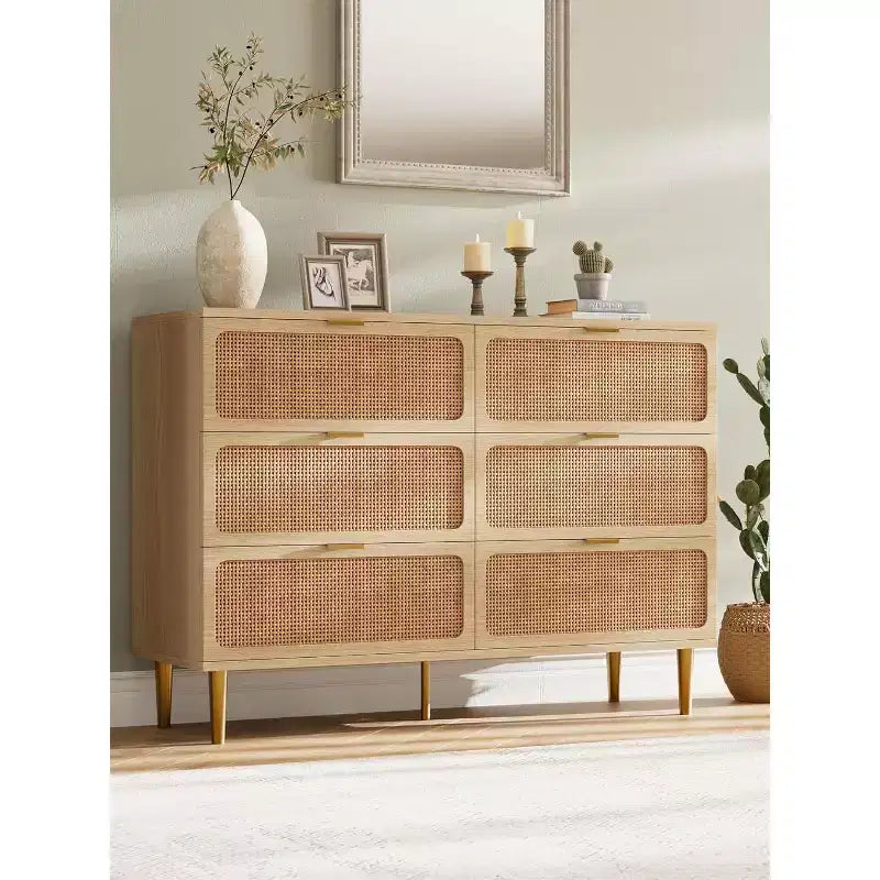 Cassettiera in Rattan a 6 Cassetti, Armadio Moderno Alto con Spazio Contenitivo Profondo, Comò Grande con Piano Ampio, Cassettiera in Legno per Camera da Letto, Soggiorno, Ingresso