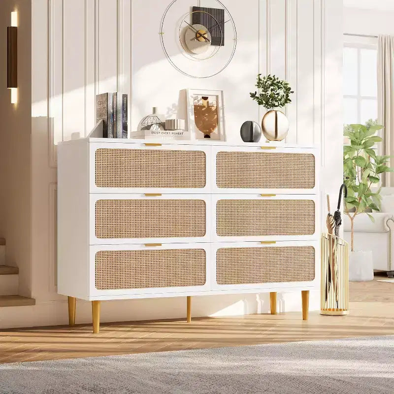 Cassettiera in Rattan a 6 Cassetti, Armadio Moderno Alto con Spazio Contenitivo Profondo, Comò Grande con Piano Ampio, Cassettiera in Legno per Camera da Letto, Soggiorno, Ingresso