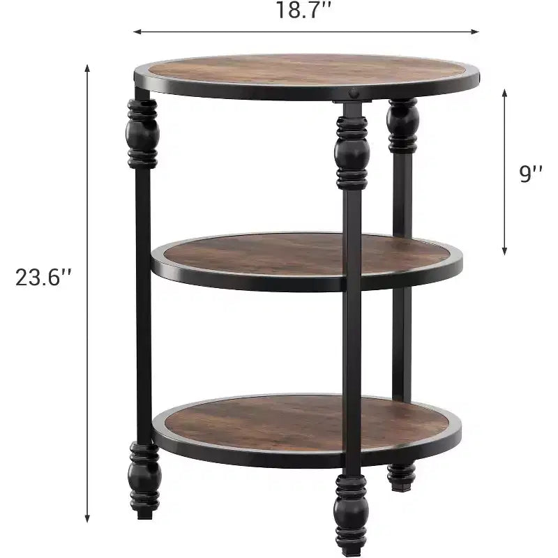 Tavolino rotondo, Tavolino d'appoggio a 3 ripiani per soggiorno con ripiani e struttura in metallo, Tavolino da notte/Comodino in stile industriale e legno per camera da letto