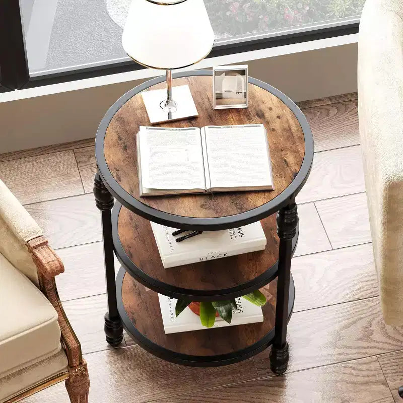 Tavolino rotondo, Tavolino d'appoggio a 3 ripiani per soggiorno con ripiani e struttura in metallo, Tavolino da notte/Comodino in stile industriale e legno per camera da letto