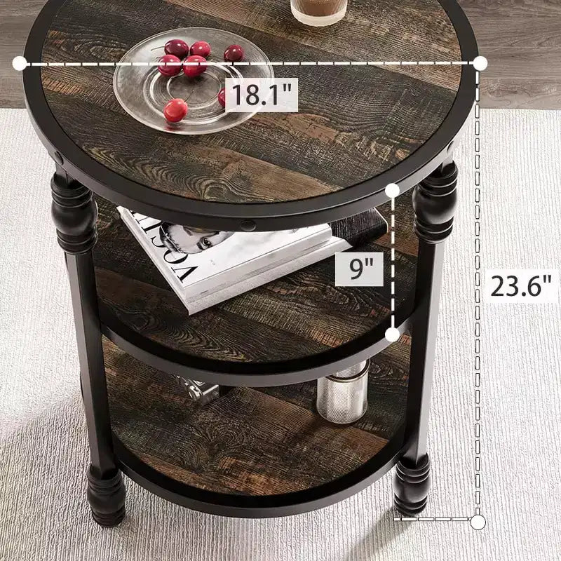 Tavolino rotondo, Tavolino d'appoggio a 3 ripiani per soggiorno con ripiani e struttura in metallo, Tavolino da notte/Comodino in stile industriale e legno per camera da letto