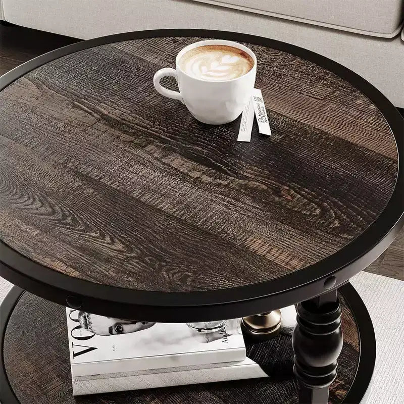 Tavolino rotondo, Tavolino d'appoggio a 3 ripiani per soggiorno con ripiani e struttura in metallo, Tavolino da notte/Comodino in stile industriale e legno per camera da letto